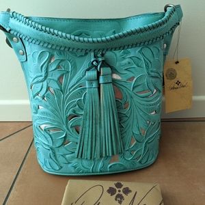 Patricia Nash Otavia Bucket Crossbody Bag Cutout Tooled Tassel Brown Leather